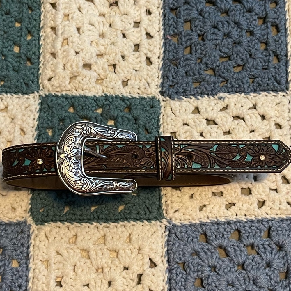 Ariat Children's Western Floral Belt Brown & Turquoise Tooled Overlay S/M 20"